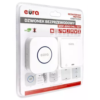 EURA WDP-82H2 vezeték nélküli ajtócsengő szett, elemet nem igénylő kinetikus adó, 36 dallam, 100 m hatótávolság, fehér