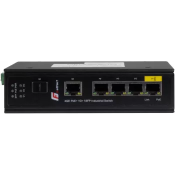 GETFORT GF-110-4PG-1G-1S ipari PoE+ switch, 4x PoE+ 10/100/1000Base-T + 1x 10/100/1000Base-T + 1x 1000Base-X SFP, -40°C és 80°C között, DIN-sín, 65W PoE-keret