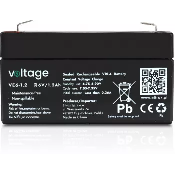 AGM akkumulátor Voltage 6V 1,2Ah VE6-1.2 (6-9 év tervezett élettartam)