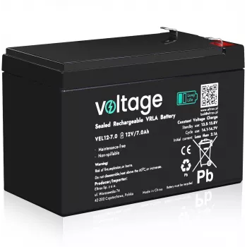 Voltage Long Life AGM akkumulátor 12V 7Ah VEL12-7.0 (15 év tervezett élettartam)