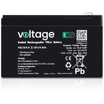 Voltage Long Life AGM akkumulátor 12V 9Ah VEL12-9.0 (15 év tervezett élettartam)