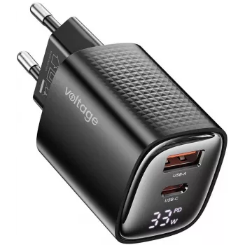 Voltage GaN Charger Mini 33W PD 3.0 QC 3.0 USB-A USB-C digitális kijelző fekete