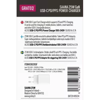 GRATEQ SAANA GaN USB-C 25W PD/PPS fali töltő fehér