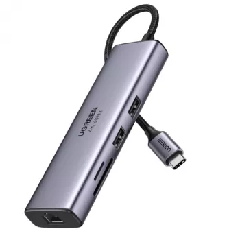 UGREEN 60515 7 az 1-ben USB-C hub, 4K 60Hz HDMI, Ethernet, 100 W PD, szürke