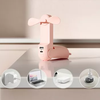 Jisulife Life8 kézi ventilátor hordozható USB ventilátor powerbankkal 2000mAh és zseblámpával - rózsaszín