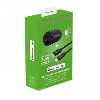 CELLY CCMINILIGHT – autós töltő USB-C + USB-C Lightning kábel 20W [PRO POWER]