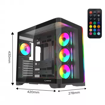Rampage LYRON Mid Tower gamer PC ház, 7x ARGB PWM ventilátor, edzett üveg, fekete