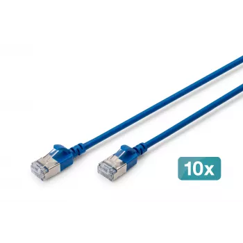 DIGITUS CAT 6A F-FTP Slim patch kábel, 0,3 m, kék, 10 darabos csomag, LSZH, 10 Gbps, RJ45