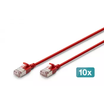 DIGITUS CAT 6A F/FTP Slim patch kábel, 0,3 m, piros, 10 darabos csomag, LSZH, 10G Ethernet, RJ45