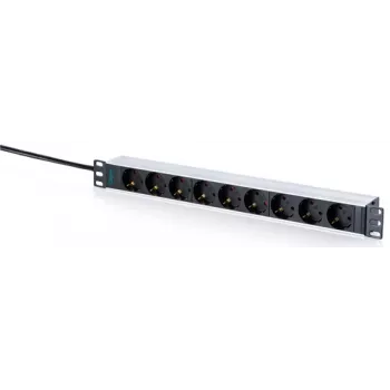 DIGITUS 9 foglalatos Schuko elosztó alumínium profillal, 1U rack szerelés, 2m kábel, 16A, 3680W, fekete/ezüst