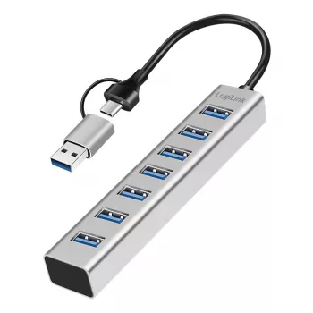 LogiLink USB 3.0 hub 7x USB-A 2-in-1 csatlakozókábellel ezüst
