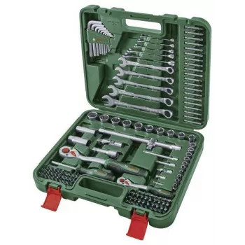 BOSCH POWERTOOLS 134 darabos DIY szerszámkészlet zöld táskában kéziszerszámokkal, bitekkel, rögzítőanyagokkal és tartozékokkal