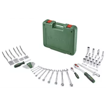 BOSCH POWERTOOLS 134 darabos DIY szerszámkészlet zöld táskában kéziszerszámokkal, bitekkel, rögzítőanyagokkal és tartozékokkal