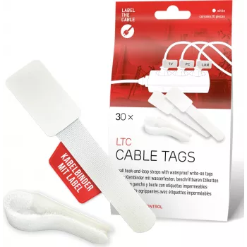 LABEL THE CABLE LTC 2620-30 újrafelhasználható kábelkötöző-címkék tépőzárral és feliratozómezővel, fehér, 30 darabos csomag