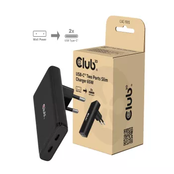 Club 3D CAC-1935 Slim 65W Dual-USB-C-GaN-PD-3.1-PPS töltő, fekete
