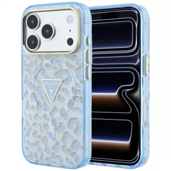 GUESS IML Leopard Glitter Triangle Logo MagSafe tok iPhone 18 Pro / 17 Pro-hoz, kék