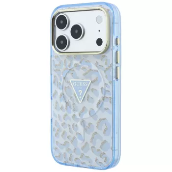 GUESS IML Leopard Glitter Triangle Logo MagSafe tok iPhone 18 Pro / 17 Pro-hoz, kék