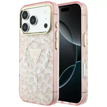 GUESS IML Leopard Glitter Triangle Logo MagSafe tok iPhone 18 Pro Max / 17 Pro Max-hoz - rózsaszín