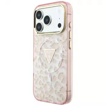 GUESS IML Leopard Glitter Triangle Logo MagSafe tok iPhone 18 Pro Max / 17 Pro Max-hoz - rózsaszín