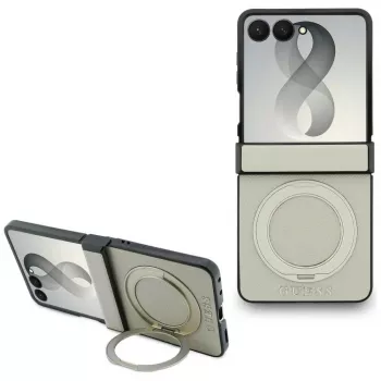 Guess mágneses gyűrűs állvány Grained Classic Logo MagSafe tok Samsung Galaxy Z Flip 8-hoz, bézs