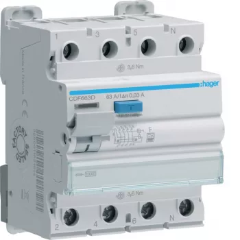 Hager CDF663D hibaáram-védőkapcsoló, 4 pólusú, 63 A, 30 mA, Type F, 10 kA