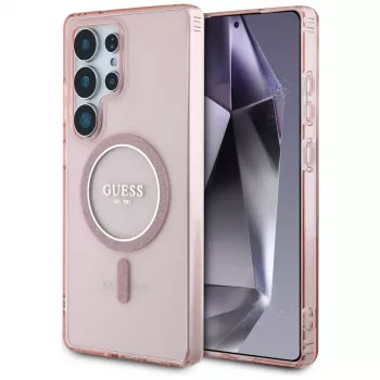 GUESS Glitter Circle Classic Logo MagSafe tok Samsung Galaxy S25 Ultra készülékhez - rózsaszín