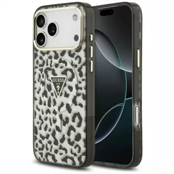 GUESS IML Leopard Glitter Triangle Logo MagSafe tok iPhone 18 Pro Max / 17 Pro Max készülékhez - fekete