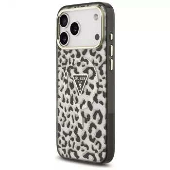 GUESS IML Leopard Glitter Triangle Logo MagSafe tok iPhone 18 Pro Max / 17 Pro Max készülékhez - fekete