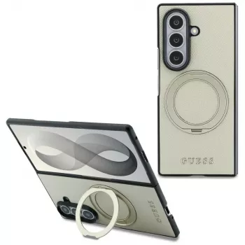 Guess Magnetic Ring Stand Grained Classic Logo MagSafe tok Samsung Galaxy Z Fold 8 Ultra készülékhez (bézs)