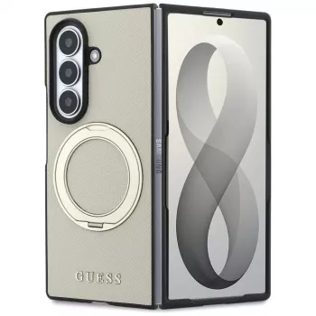 Guess Magnetic Ring Stand Grained Classic Logo MagSafe tok Samsung Galaxy Z Fold 8 Ultra készülékhez (bézs)