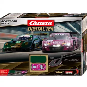 Carrera DIGITAL 124 Reach for Gold slot autó versenypálya 1:24 méretarányban, 2 autóval és vezeték nélküli vezérlőkkel