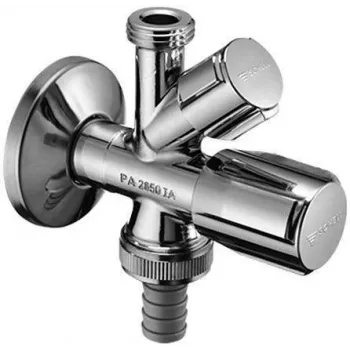 VALVE sarokszelep 1/2 inch x 1/2 inch x 3/4 inch külső menet, krómozott sárgaréz, kettős kifolyó visszacsapó szeleppel