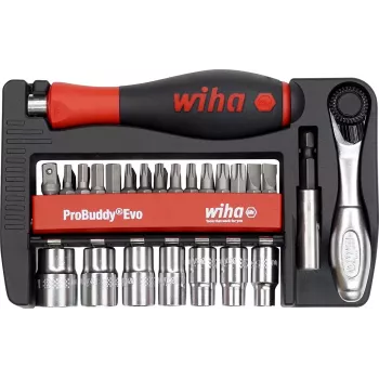 WIHA 46960 Evo 40 részes bit- és dugókulcskészlet, 1/4 inch meghajtás, króm-vanádium acél, 72 fogú racsnival, dugókulcsok 5,5-13 mm, bitek: lapos, Phillips, Pozidriv, Torx, imbus, strapabíró táskában