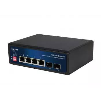 ALLNET ALL-SGI8104v3 ipari menedzselt Layer 2 switch, 6 port GbE, 4x GbE RJ45, 2x SFP, ventilátor nélküli, IP40
