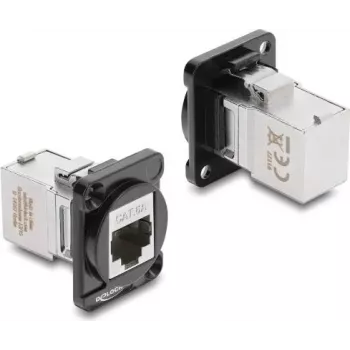 Delock D-Type modul RJ45 aljzat–aljzat, 90°-ban elfordított, Cat.6A, fekete / ezüst