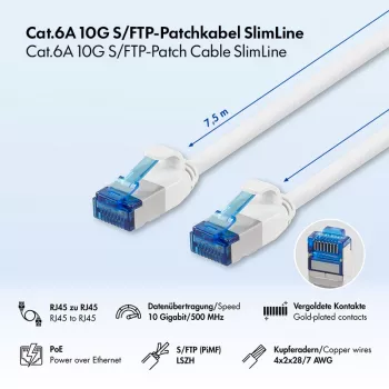 LogiLink SlimLine Cat.6A S/FTP LSZH patchkábel, fehér, 7,5 m