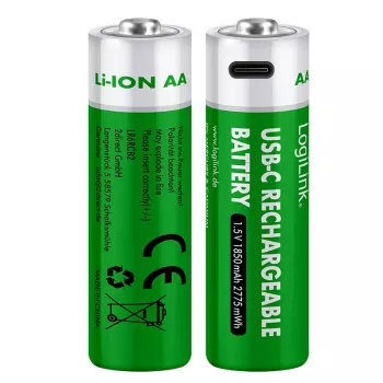 LogiLink LR6RCB2 USB-C újratölthető AA lítium-ion elemek, 2 darabos csomag, 1,5 V állandó kimeneti feszültség, 2600 mWh