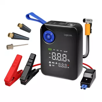 LogiLink PA0358 4 az 1-ben autóindító powerbank levegőkompresszorral, 7200 mAh, 200A indítóáram, LED-zseblámpa