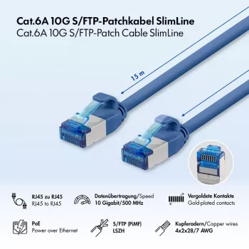 LogiLink SlimLine Cat.6A S/FTP LSZH patchkábel, 15 m, kék