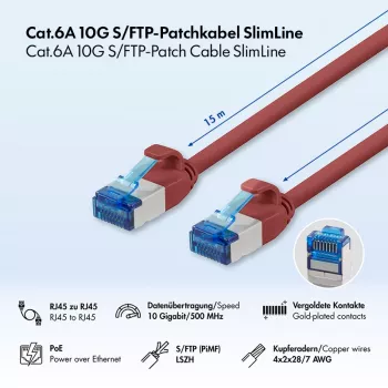LogiLink Cat.6A Slim S/FTP LSZH patchkábel, piros, 15 m, SlimLine