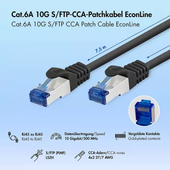 LogiLink EconLine Cat.6A S/FTP LSZH patchkábel, 7,5 m, fekete, CCA