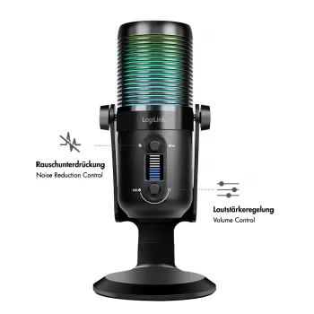 LogiLink USB kondenzátormikrofon RGB-világítással, kardioid karakterisztika, 20 Hz - 20 kHz, fekete (HS0059)