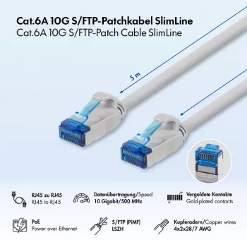 LogiLink Cat.6A Slim S/FTP LSZH patchkábel, szürke, 5m, SlimLine