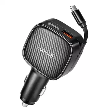 LogiLink USB autós töltő, 3 port visszahúzható USB-C kábellel, 60W, PD, QC, fekete