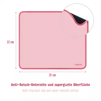LogiLink egérpad 220 x 250 mm rózsaszín - szövet felület, csúszásmentes gumi alap