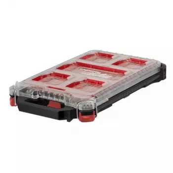 Milwaukee PACKOUT karcsú szervező Medium 8277387 - IP65 víz- és porálló, 10 kivehető tartály, átlátszó polikarbonát fedél, fémmel megerősített zárak, piros/fekete