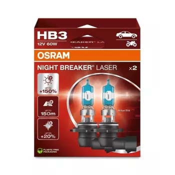 OSRAM Night Breaker Laser HB3 12V 60W P20d halogénlámpa, dupla csomag, akár 150%-kal fényesebb, 150 m-rel hosszabb fénykúp, 20%-kal fehérebb fény
