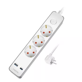 LogiLink LPS287U elosztó 3 biztonsági aljzattal, USB-A és USB-C PD 20W, billenőkapcsoló, 1,5 m kábel, fehér