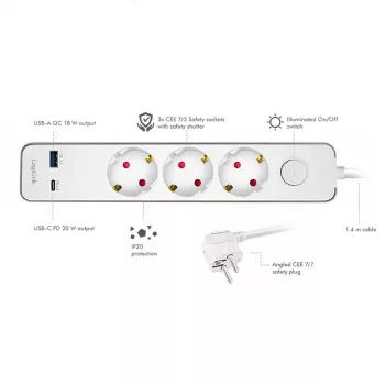 LogiLink LPS287U elosztó 3 biztonsági aljzattal, USB-A és USB-C PD 20W, billenőkapcsoló, 1,5 m kábel, fehér