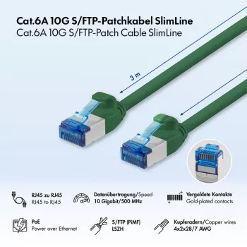 LogiLink SlimLine Cat.6A S/FTP LSZH patchkábel, 3 m, zöld